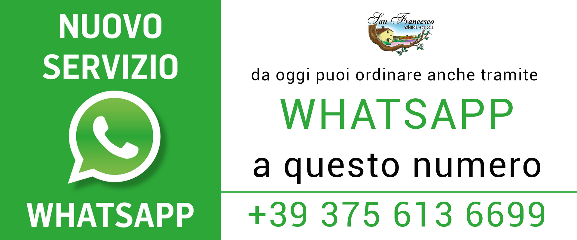 BANNER per nuovo servizio whatsapp per aquistare i tuoi prodotti bio